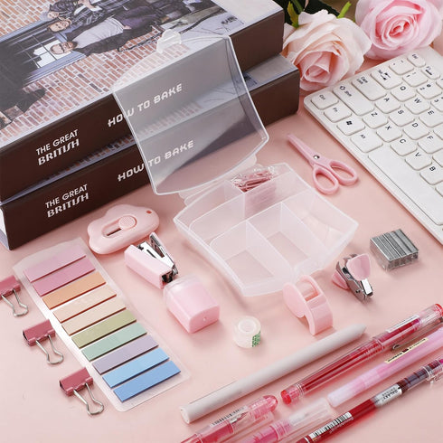 Mini Office Supply Kit - Includes Stapler, Tape Dispenser, Staple Remover, Scissors, Staples & More (Pink)