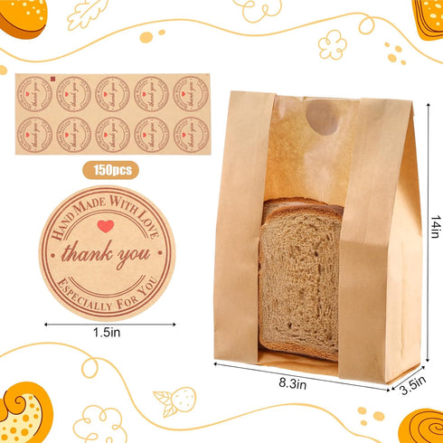 Xaajooio 150 14x8.3x3.5 Inches, 150 Pcs Paper Bread Bags with clear window for Homemade Bread, Includes Sealing