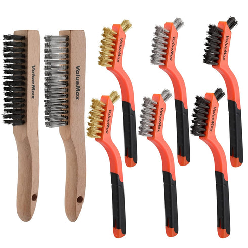 ValueMax Wire Brush Set, 8Pcs Stainless Steel/Brass/Nylon Bristles, Heavy Duty Scratch Brush with Beechwood Handle