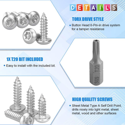Glarks 51Pcs #8 1/2'' Set T20 (50pcs #8 1/2'') x Button Head Torx Security Sheet Metal Screws Stainless Steel Tamper