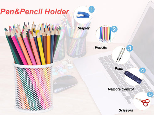 Pen Holder Mesh Pencil Holder, Metal Cup Organizer for Desk Office, White, 4 Pack