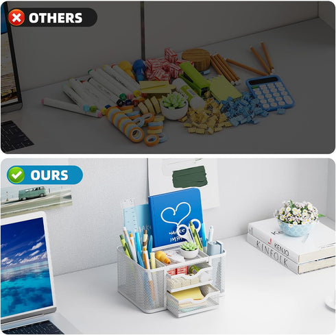 Marbrasse Mesh Desk Organizer - Pen Holder with 2 Drawers, Multi-Functional for Office Art Supplies