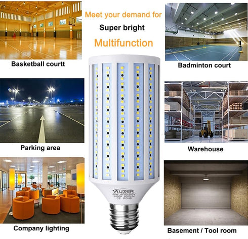 60W LED Corn Light Bulb, Large Mogul E39 Base, 6000-Lumen, 6500K Daylight Cool White for Large Area Lighting