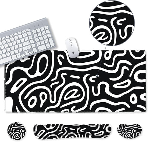 Large Gaming Mouse Pad Set: 4 in 1 Extended Desk Mat with Wrist Rest Pad, Non-Slip Protector for Home Office-Topographic