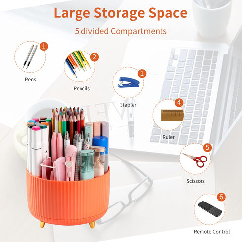 Desk Pencil Pen Holder - 5 Slots 360° Degree Rotating Organizer for Office, School, Home, and Art Supplies (Orange)