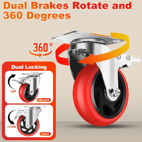 HXSMUYC 4 Inch 2200 lb 360 Set 4 Industrial Caster Wheels with Brake - Heavy Duty Capacity, Swivel, of for Carts