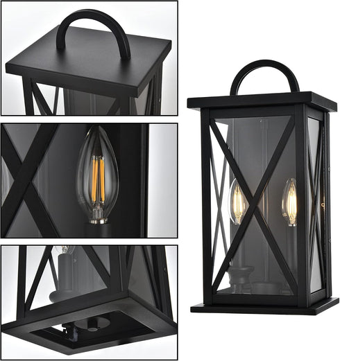 2 Packs 2-Light MELUCEE Outdoor Wall Lantern Exterior Light Fixtures Wall Mount in Black Finish Waterproof Wall Sconce
