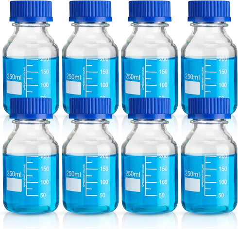 Irenare 8 Pieces Media Storage Bottles, Borosilicate Glass with Blue GL45 Screw Cap for Lab Liquids, 250 ml