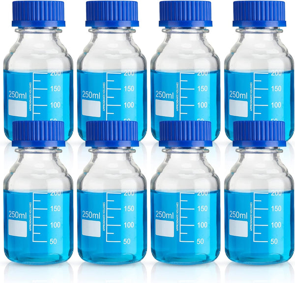 Irenare 8 Pieces Media Storage Bottles, Borosilicate Glass with Blue GL45 Screw Cap for Lab Liquids, 250 ml