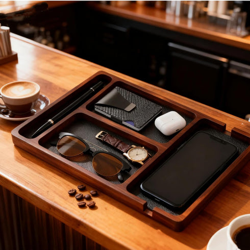 Generic Wooden Valet Tray with Leather Inlay - Key and Wallet Tray, Wooden Jewelry Tray - Nightstand Desk Organizer