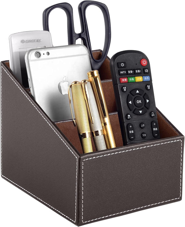 TV Remote Control Organizer/Caddy with 3 Compartments, PU Leather Remote Holder for Bedside Table, Desk Organizers