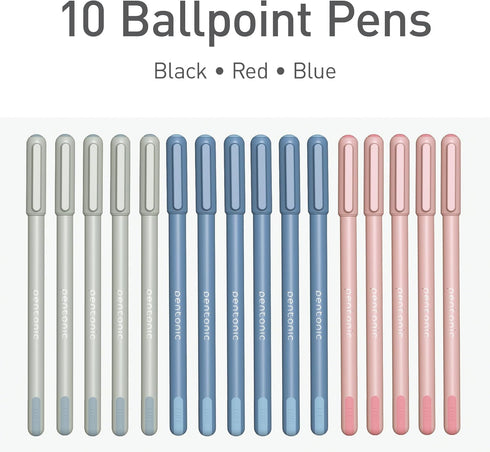 Pentonic Ballpoint Pens, 15 Count, Fine Point 0.7mm, Black, Blue & Red Ink, Gray, Blue & Pink Barrels