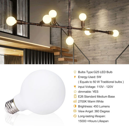 6 Pack truestory G25 (G80) Globe Light Bulb, Warm White 2700K, Dimmable 450LM, E26 Base, Suitable for Any Occasion