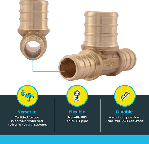 SharkBite 1/2 Inch x 1/2 Inch x 3/4 Inch Crimp Reducing Tee, Brass Plumbing Fitting