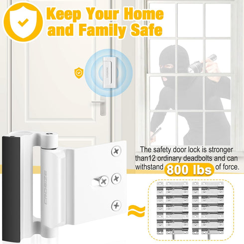 Home Security Door Lock, Upgraded Metal Door Reinforcement Lock for Childproof, 3" Withstands 800 lbs of Impact for Inward Swing Doors, Defender Security Door Lock, Prevent Unauthorized Entry (White)