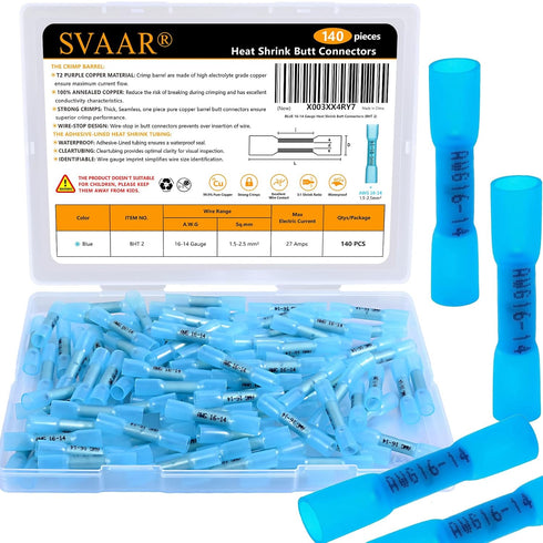 140pcs 16-14 Gauge Heat Shrink Butt Connectors, Marine Grade Insulated Butt Splice, Waterproof Pre-Insulated Wire Crimp