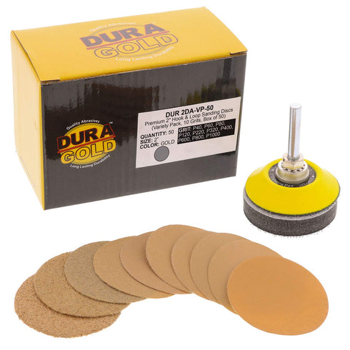 Dura-Gold Premium 2" Gold Hook & Loop Sanding Discs Variety Pack Box - 40 to 1000 Grit (5 Sheets Each, 50 Total)