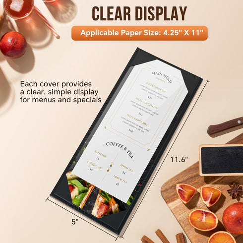 4.25" 11", 12 Pack (1 MYFULLY Restaurant Menu Holders x Black PU Leather Single Panel Menu Covers with Angled Corners