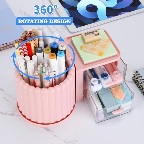 LETURE Rotating Office Desk Organizers with 2 Drawer, Pencil Pen Marker Holder for Desktop Storage Organizers and