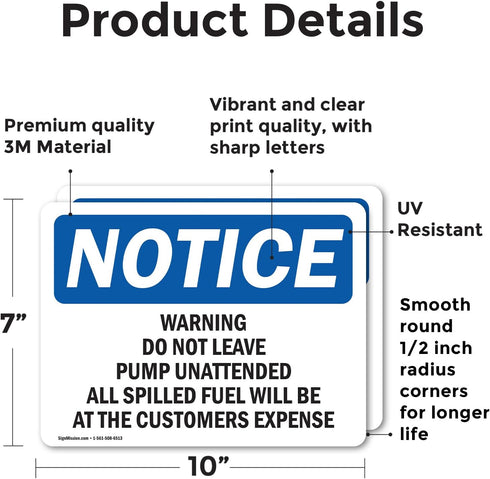 (2 Pack) Warning Do Not Leave Pump Unattended All OSHA Notice Sign 10 Inch X 7 Inch Vinyl Label Decal Sticker Weather Resistant, UV Protected for Workplace, Construction Site, Made in the USA