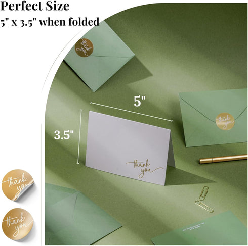 Pack 40, 5x3.5 Inch Gold Foil Thank You Cards - Bulk of with Matching Stickers & Envelopes (Green) Textured Surface