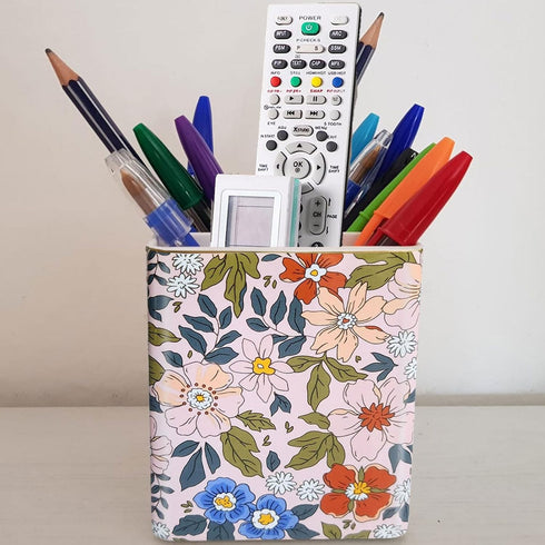 Pen Pencil Holder, Makeup Brush Holder,Ceramic Remote Control Holders Organizer with 2 Compartment Floral Multi-functional Office Organizers Storage Caddy Desk Tv Remote Holders Pink Flowers by LEAZUL