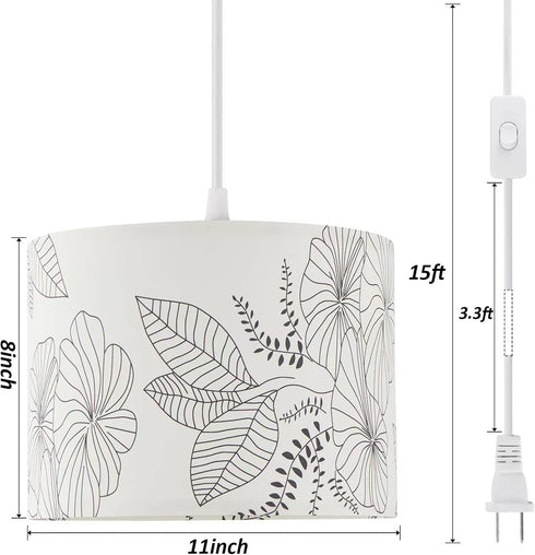 CCKZQYR 15 3 Bulb Plug in Pendant Light, FT Hanging Lamp with Plug in Cord, On/Off Switch, Flower Fabric Shade, Color