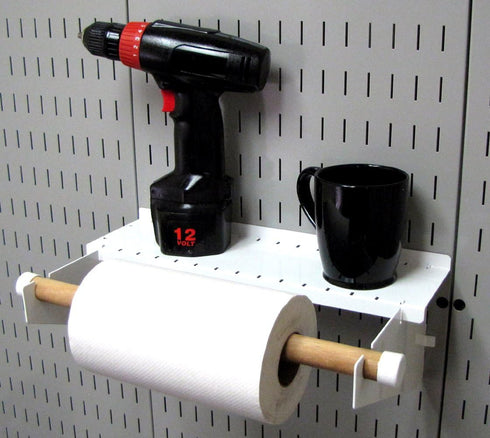 Wall Control Paper Towel Holder and Dowel Rod Pegboard Shelf Assembly for Wall Control Pegboard and Slotted Tool Board