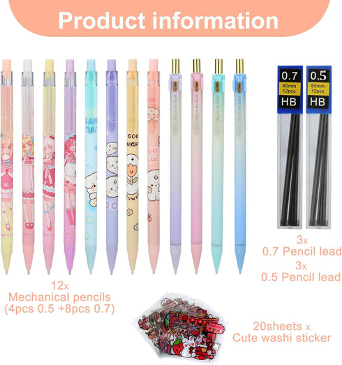 Kawaii Mechanical Pencil Set with Lead Refills 0.5/0.7mm, Cute Pencils Set for Writing, Drawing, School Supplies