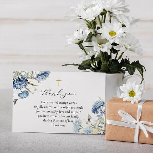 CYGGUN 25 46 Pcs Funeral Thank You Cards with Envelopes, In Watercolor Blue Flower Bereavement Card for Funeral Family