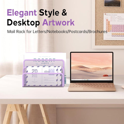 SUPEASY Mail Organizer, Desktop File Organizer Mesh Metal Mail Holder with 3-Slot, Office Envelope Organizer (Purple)