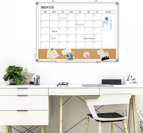 Large Dry Erase Calendar for Wall, 36"x24" Double-Sided Magnetic Whiteboard Calendar with Cork Board