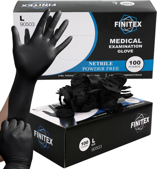 FINITEX Black Nitrile Disposable Medical Exam Gloves - 100/1000 PCS, 6mil, Powder-Free, Latex-Free