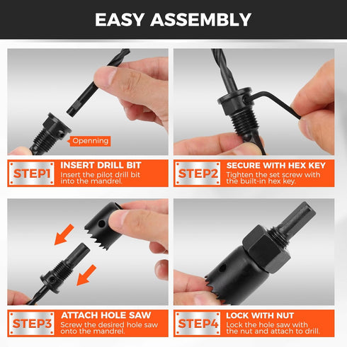 8PCS 1"2-1/8" (2554mm), 2 Set HORUSDY Hole Saw Kit, with Pcs Drill Bits, Mandrel & Hex Key, Smooth Cut, DIY-Friendly