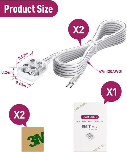 EMITEVER Connectors,2 Packs 2 5V 12V 24V 8mm LED Strip LED Tape Light Connector Pin Solderless Tighten Screw