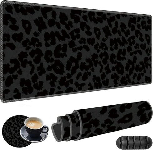 Large Gaming Mouse Pad with Coasters + Cable Clips, Black Leopard Print Extended Mousepad (31.5 x 11.8) with Stitched