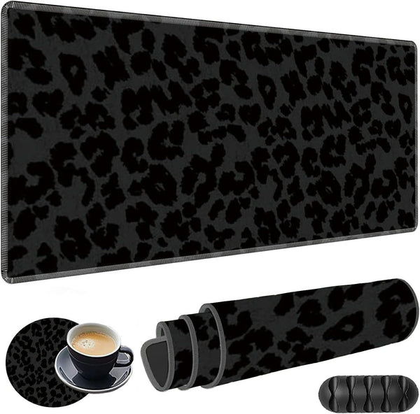 Large Gaming Mouse Pad with Coasters + Cable Clips, Black Leopard Print Extended Mousepad (31.5 x 11.8) with Stitched