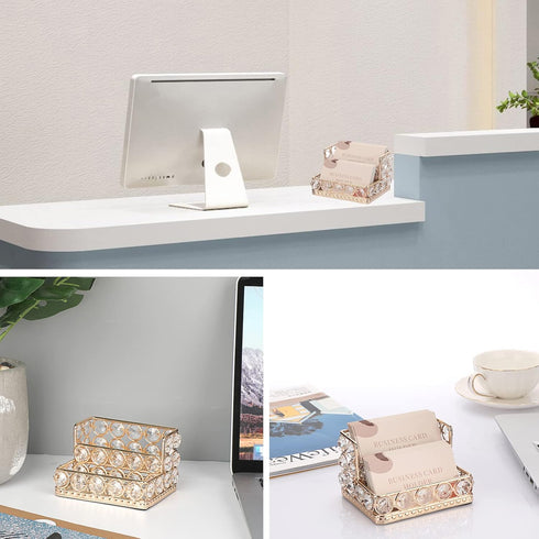 Hipiwe 2 Tiers Crystal Business Card Holder Stand, Gold Mirrored Display Stand for Office Countertop
