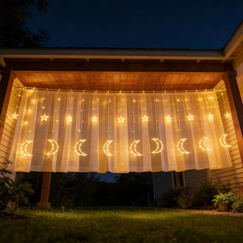 138 8.2 8 Dazzle Bright Ramadan Curtain String Lights, LED FT Warm White Star Moon Window Lights with Timer