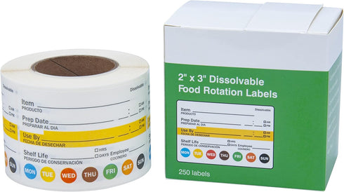 Dissolvable Label Shelf Life for Food Rotation Use by L LIKED | Stickers 2 x 3 Inch Roll of 250 Labels