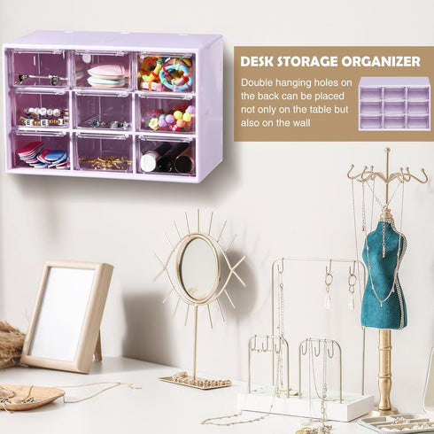 Mini Drawer Organizer 6 Pcs with 9 Drawers, Plastic Desktop Storage Box, Wall Mounted, Purple for Office Home Room