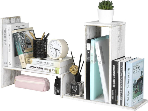 MyGift Adjustable Whitewashed Solid Wood Desktop Storage Organizer, Display Shelf Book Rack for Office Desk