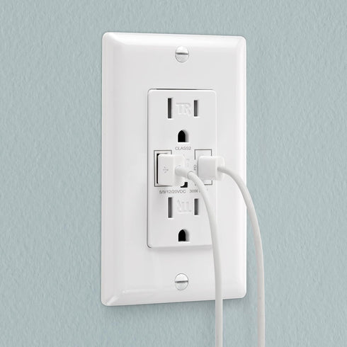 Maxxima 15A USB Wall Outlet Receptacle, 30W Power Delivery QC 3.0 with 2 Standard Outlets