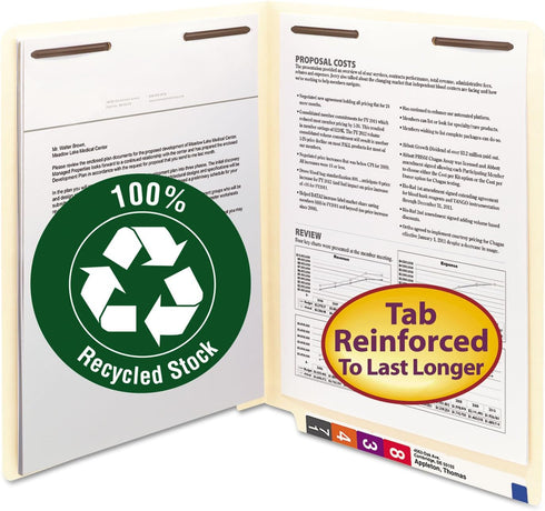 Smead 100% Recycled End Tab Fastener File Folder, Manila, 2 Fasteners, Letter Size, 50 per Box