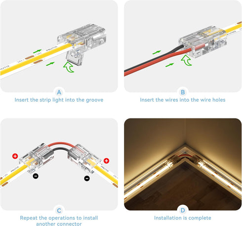8mm 2-Pin Lights,20pcs Connectors,10ft(305cm) 22AWG Solderless,5V 12V 24V 2835 PAUTIX COB LED Connectors for COB LED