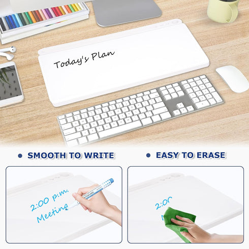 Desktop Glass Whiteboard with Storage, Desk White Board with Computer Keyboard Stand, Drawers for Home, Office