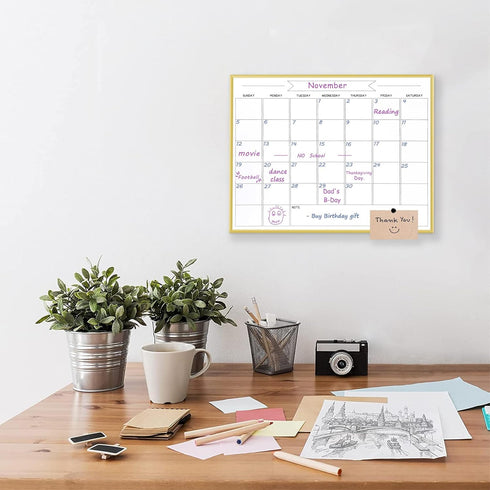 Dry Erase Monthly Calendar Whiteboard, 13"x 17" Gold Aluminum Frame, Magnetic White Board for Wall, Office, School, Home