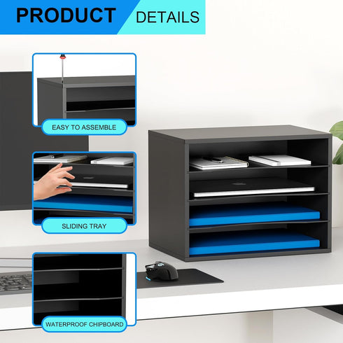 Wood Desktop Letter Tray File Organizer, Paper Storage Mail Sorter with 3 Adjustable Drawer Boards for Home and Office