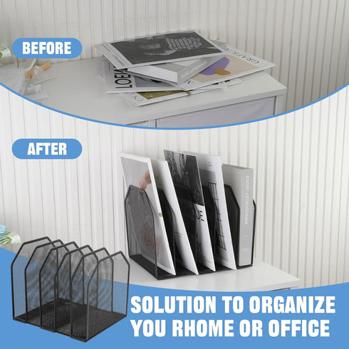 RETON 2 Pack 5-Section Mesh File Sorter Organizer for Desktop, Black Metal Vertical Desk File Organizer, Adjustable