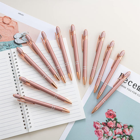 PASISIBICK 12 Pieces Rose Gold Ballpoint Pen with Stylus Tip, 2 in 1 Stylish Metal Pens for Touch Screens, 1.0 mm Black
